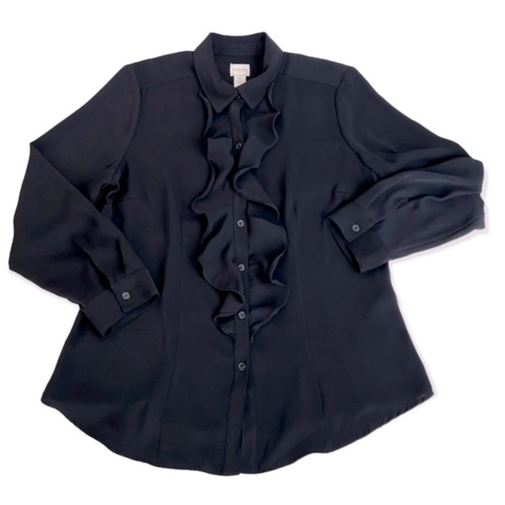 Chico’s Black Long Sleeve Ruffle Button Down Blouse. Size 1 - Picture 3 of 13